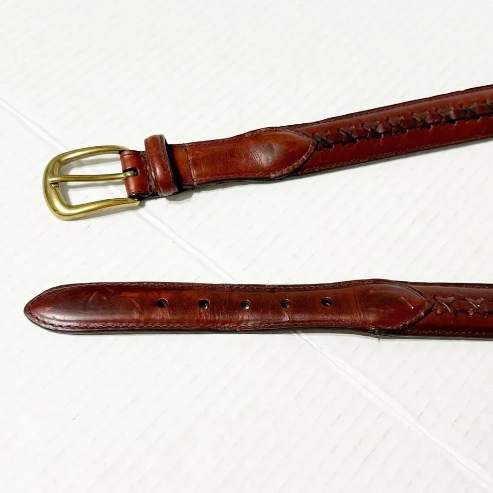 Roundtree & Yorke Dress Belt Brown Oiled Full Grain Leather X Lacing Brass 34
